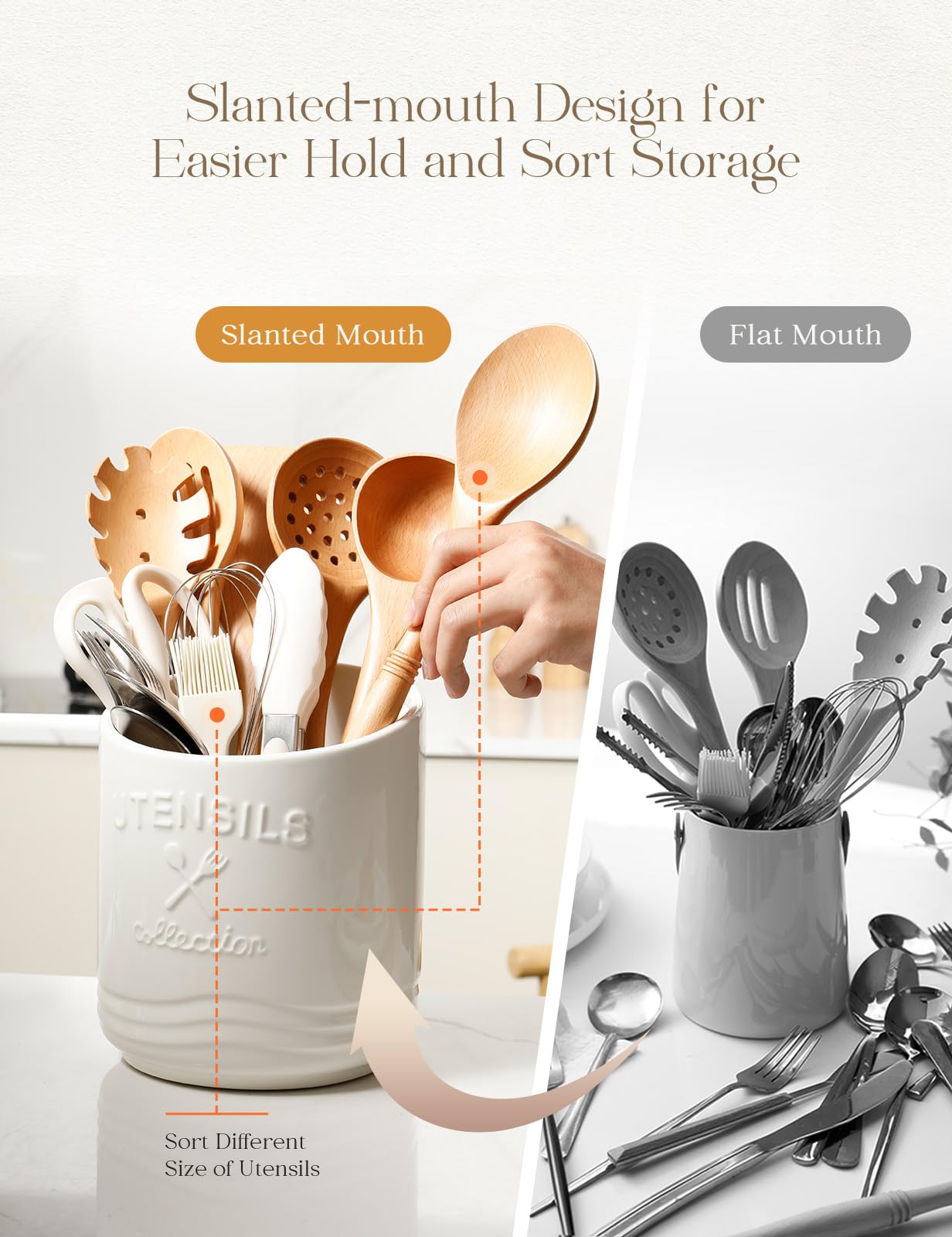AISBUGUR Large Ceramic Utensil Holder: 7.5" H×6.3" W with Slanted Mouth - Utensil Crock with Non-Slip Cork Base for Kitchen Counter, Ideal for Decor & Gift,white utensil holder