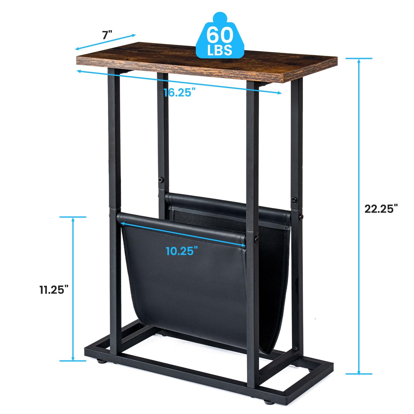 FLYJOE Narrow Side Table with PU Leather Magazine Holder Rustic Slim Little Thin Table for Living Room, Bedroom, Sofa, Rustic Brown
