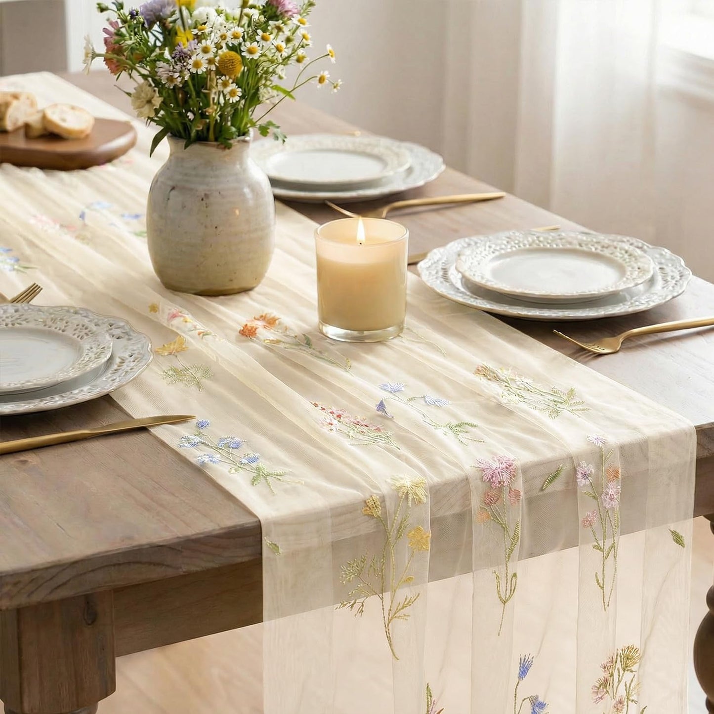 Artoid Mode Wildflower Floral Beige Apricot Gauze Embroidery Table Runner 120 Inch 10FT, Tulle Seasonal Spring Kitchen Dining Table Decor for Home Party