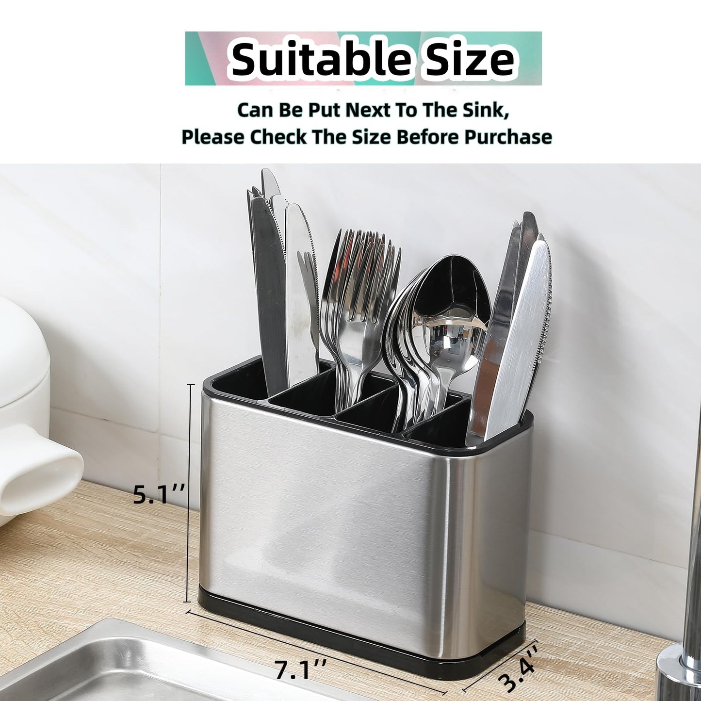 LIBODOUR Utensil Holder,Stainless Steel Caddy Counter,Spoon holder,4 Compartments Silverware Caddy,Capacity Flatware Spoon Fork Tool Cutlery Holder（Silvery）