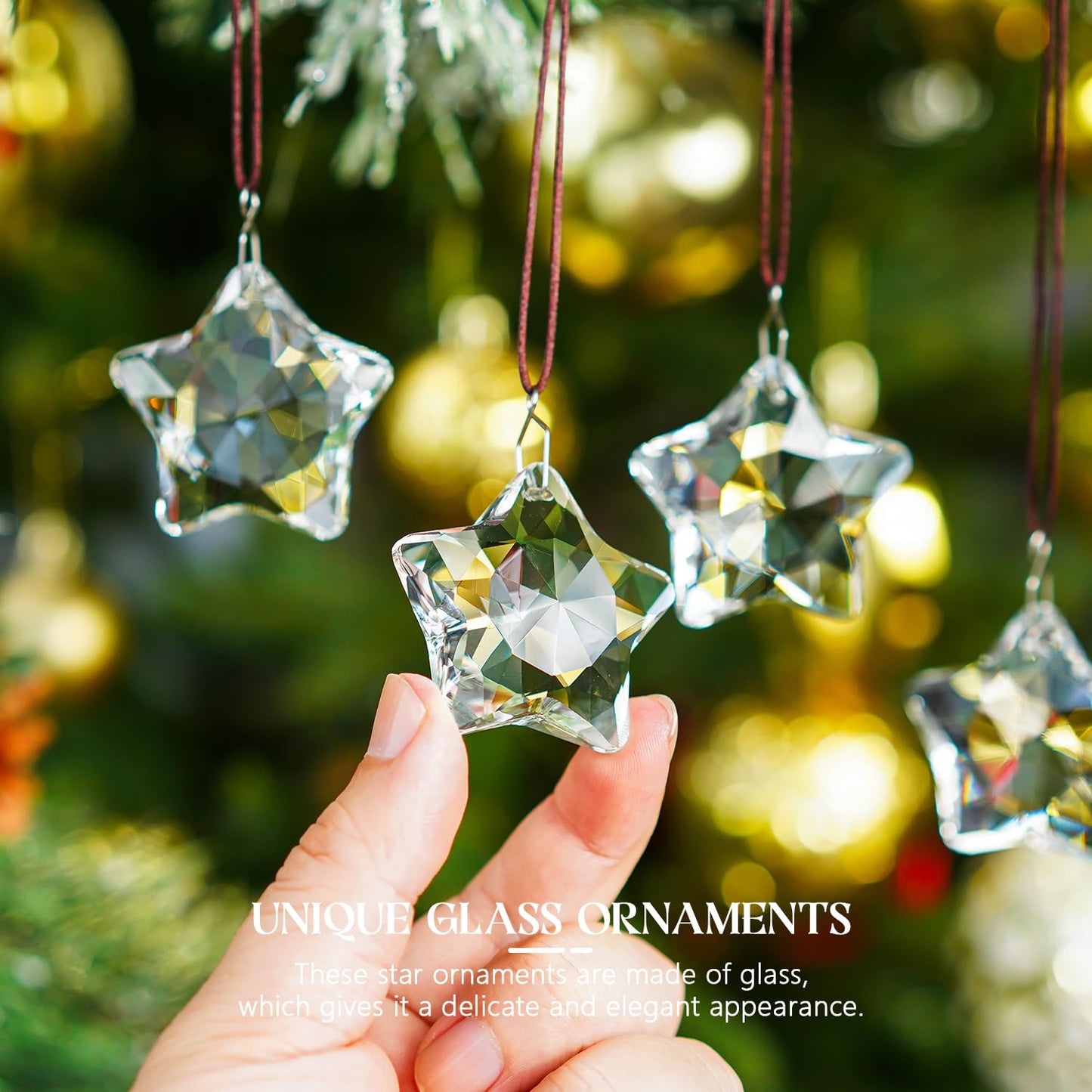 H&D HYALINE & DORA Set of 6 Crystal Glass Christmas Ornaments Clear Faceted Glass Christmas Star Crystal Hanging Ornaments for Xmas Tree Winter New Year Party Supplies