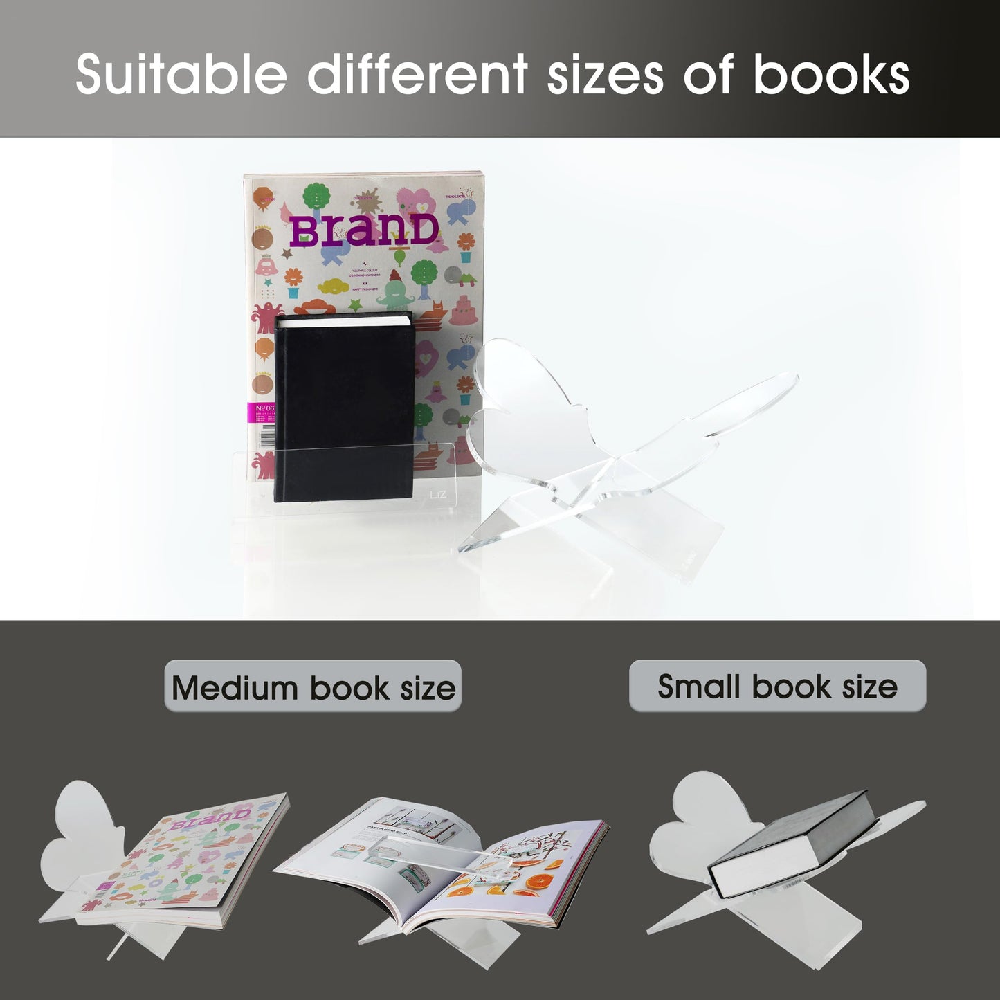 Large Butterfly Clear Acrylic Book Stand - Perfect for Displaying Open Book on Your Coffee Table - Ideal for Bibles, Cook Books, Guest Books, Magazines, Each with a Lucite Paperweight