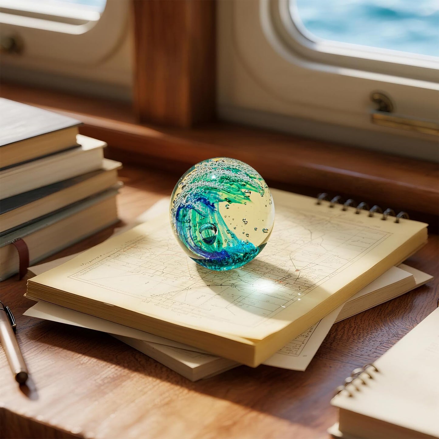 JUYOULE Hand Blown Ocean Wave Glass Ball ：Unique Gift for Beach Lovers，Beach Decorations for Home, Sea Glass Paperweight for Coastal Room Decor, Aquarium & Ocean Themed Decorations