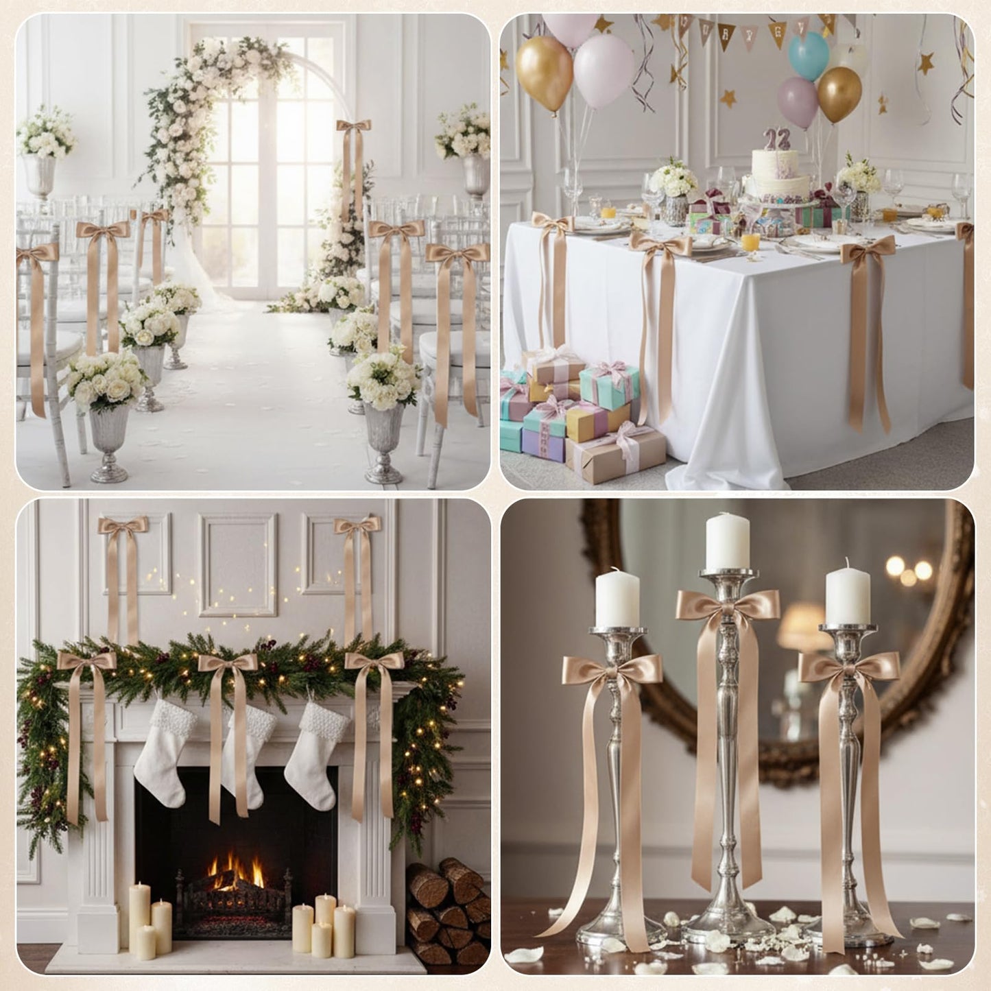 Lyrow 36 Pcs Champagne Long Satin Ribbon Bows for Wedding Valentine Candlestick Chairs Hair Bows for Women Bridal Baby Shower Backdrop Wine Glass DIY Birthday Party Table Decor(19.7" x 5.28")