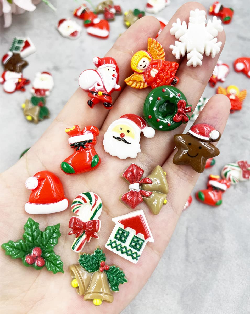 Christmas Flatback Charms, 55Pcs Christmas Resin Flatback Charms Assorted Button Santa Snowman Tree Bell Deer Cartoon Embellishments Supplies for DIY Scrapbooking Jewelry Cell Phone Case