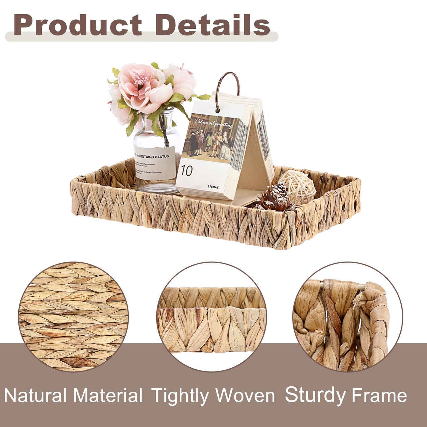 GUSHBIN Decorative Key Holder for Entryway Table Handwoven Natural Water Hyacinth Basket Tray Rectangular Serving Tray, 11.9" x 7.9" x 1.6"