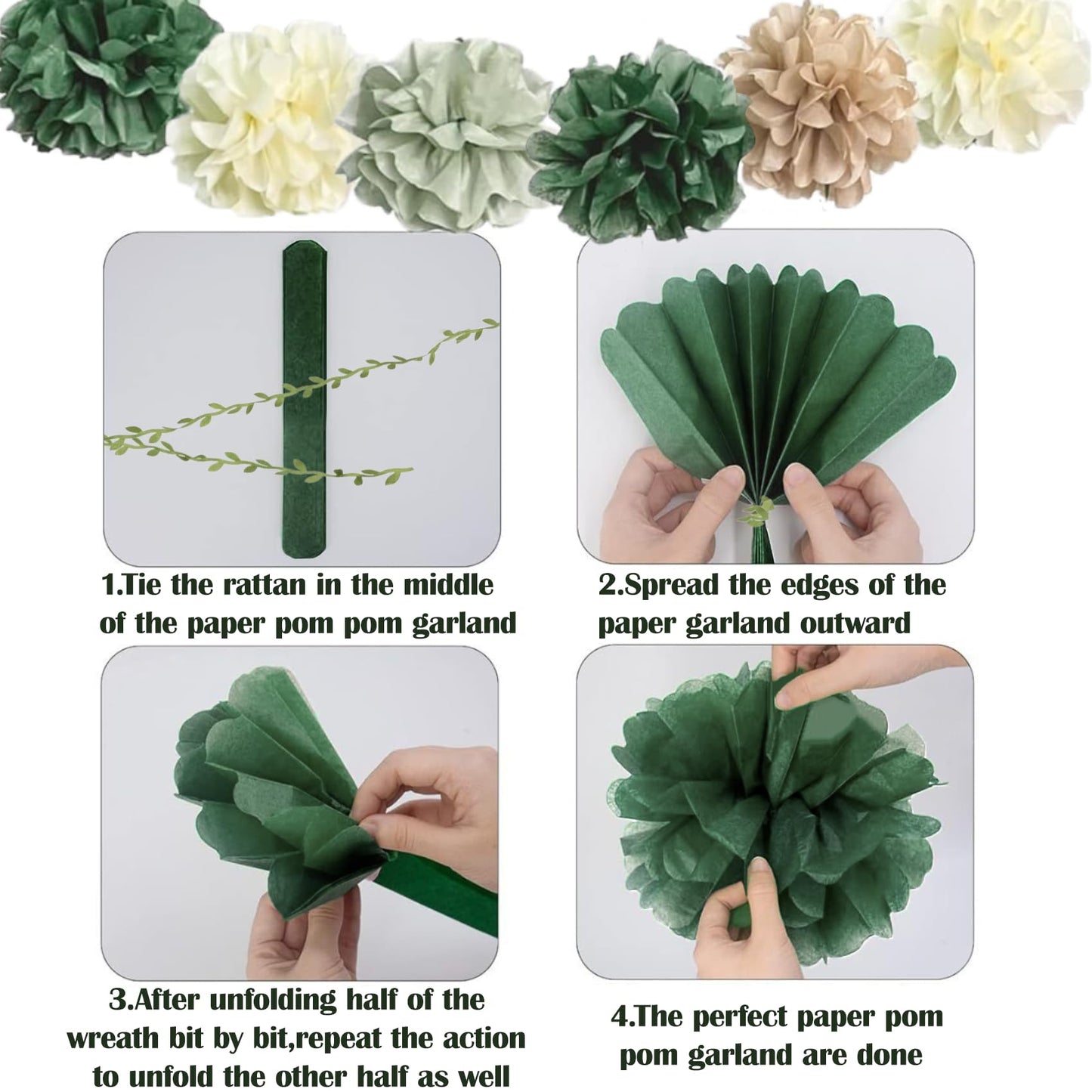 Tissue Paper Flowers Pom Pom Garland with Leaf Ribbon, 2 PCS 8.2ft Hanging Streamer for Wedding, Baby Shower, Rustic Boho Party Decor, Green Beige Neutral Tones, Reusable & Easy to Assemble