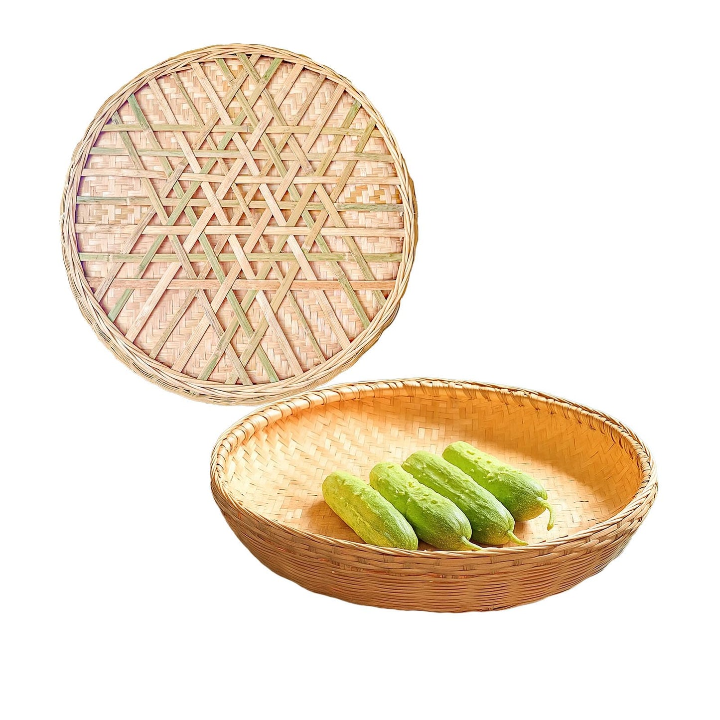 Bamboo basket，Food Flatware trays，Bamboo and Rattan Fruit and Vegetable Basket with Flat Bottom,For Table, Kitchen,Outdoor Gathering and Dining Room Service or Decoration 2 Piece Set