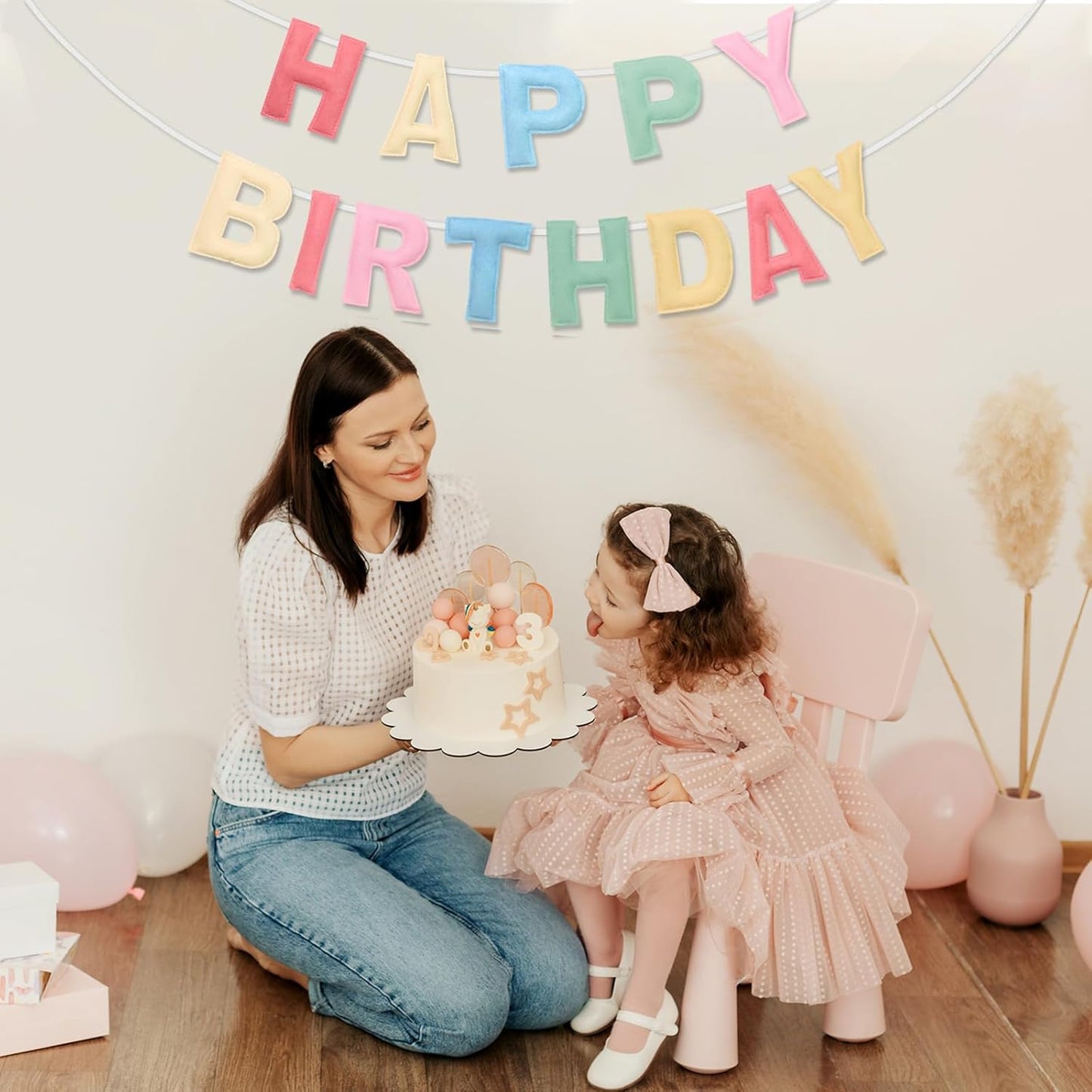 Felt Happy Birthday Banner, Pre-Strung 3D Birthday Rainbow Garland, Reusable Decorations Sign, Handmade Felt Banner for Women Girl, Party Decor, Photo Prop, Macaron