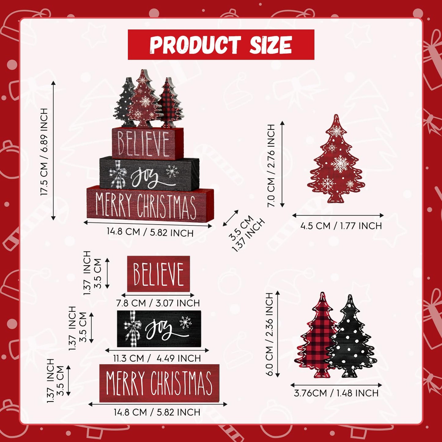 Smile 4 Pcs Merry Christmas Signs, Wooden Tabletop Decor, Believe Joy Xmas Trees, Ornaments for Home Shelf Mantel Fireplace.