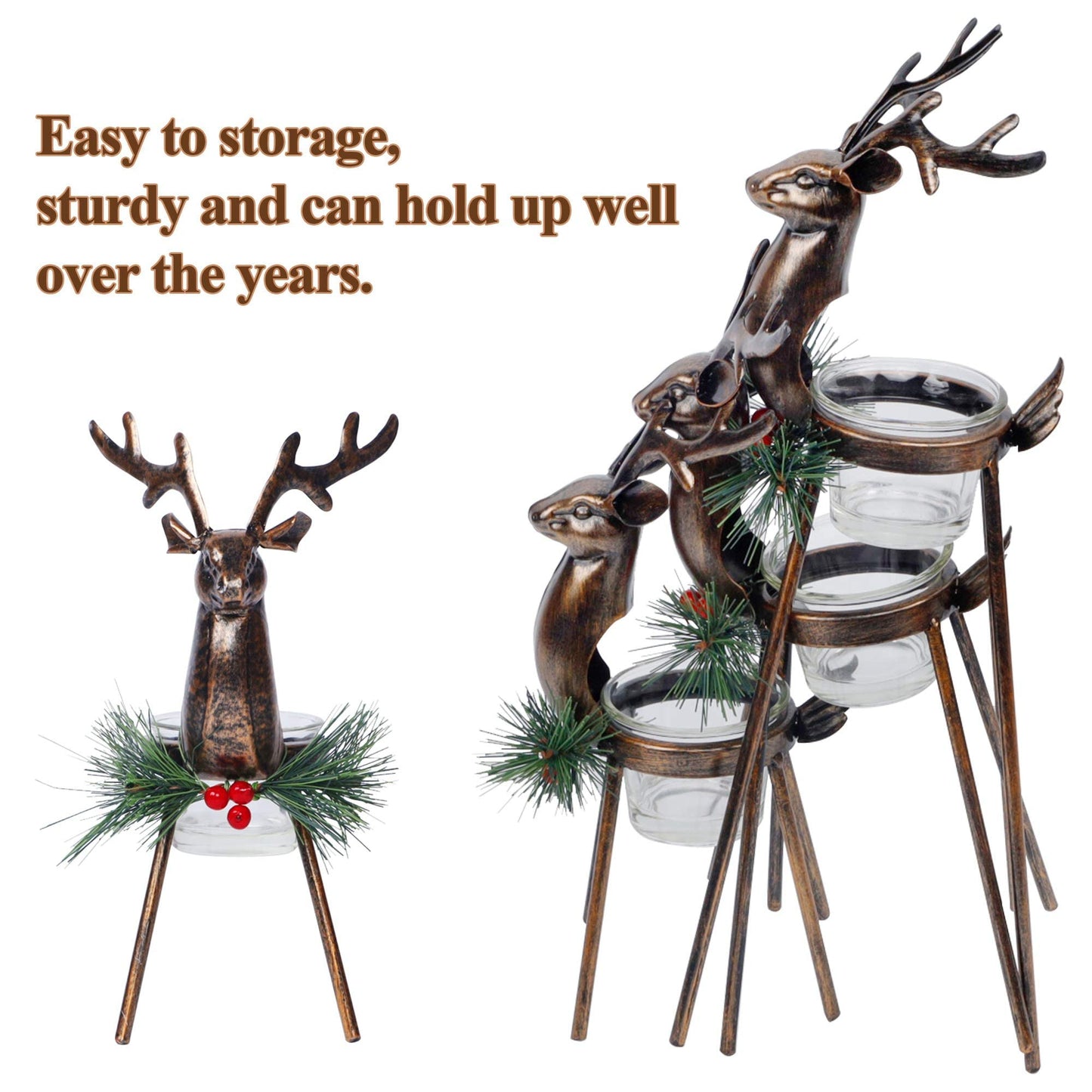Juegoal Set of 3 Reindeer Tealight Candle Holders, Standing Iron Metal Christmas Decorations, Glass Votive Candle Holder, Durable and Rust-Proof Holiday Tabletop Centerpiece and Display