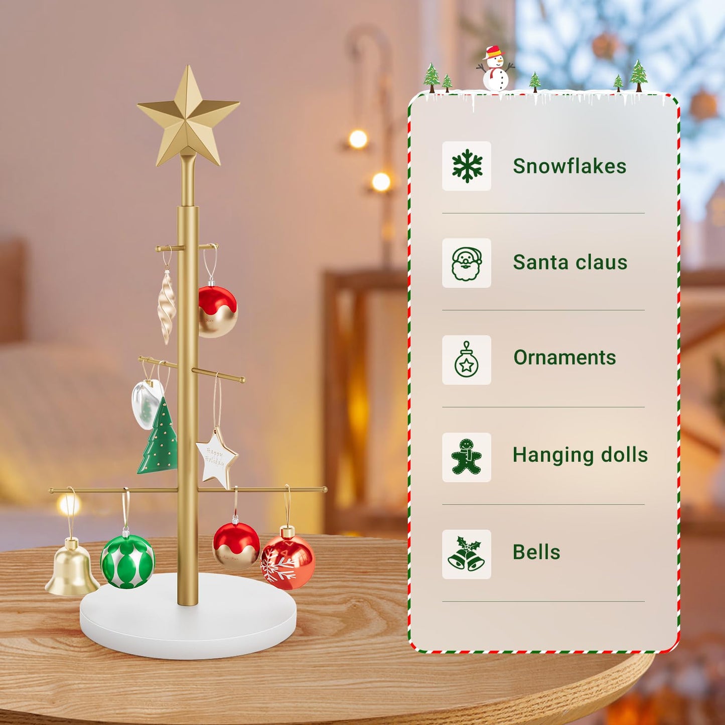 ELYKEN 22.8 Inch Christmas Ornament Display Stand Tree for Desktop with Wooden Stable Base, 6 Metal Holder for Baubles and Holiday Decorations, Gold
