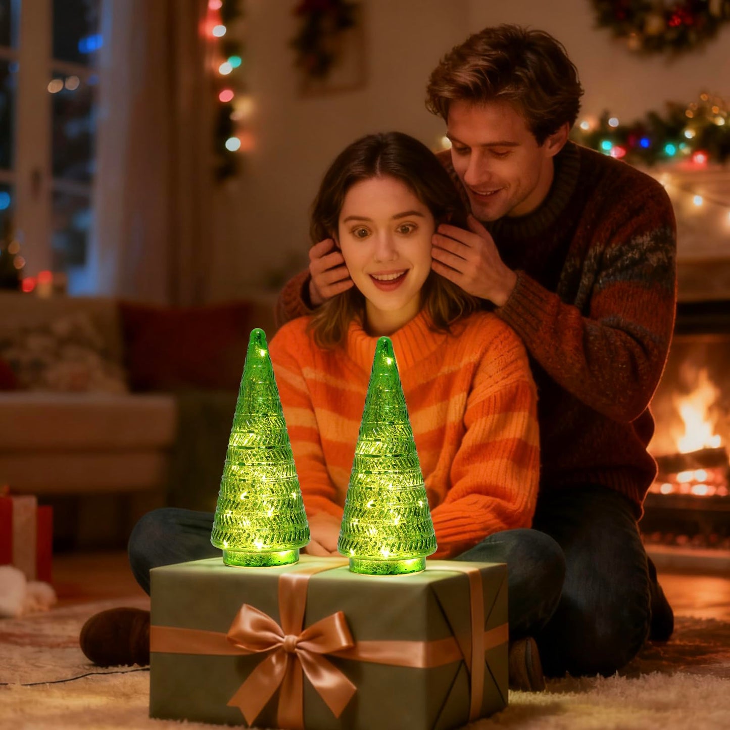 JBGIYOSG Christmas Tree Glass Decorative Light: 10.24" Tall, Holiday Tabletop Ornament, Frosted Glass Christmas Home Decor, Xmas Tree Night Light for Indoor Decor Green