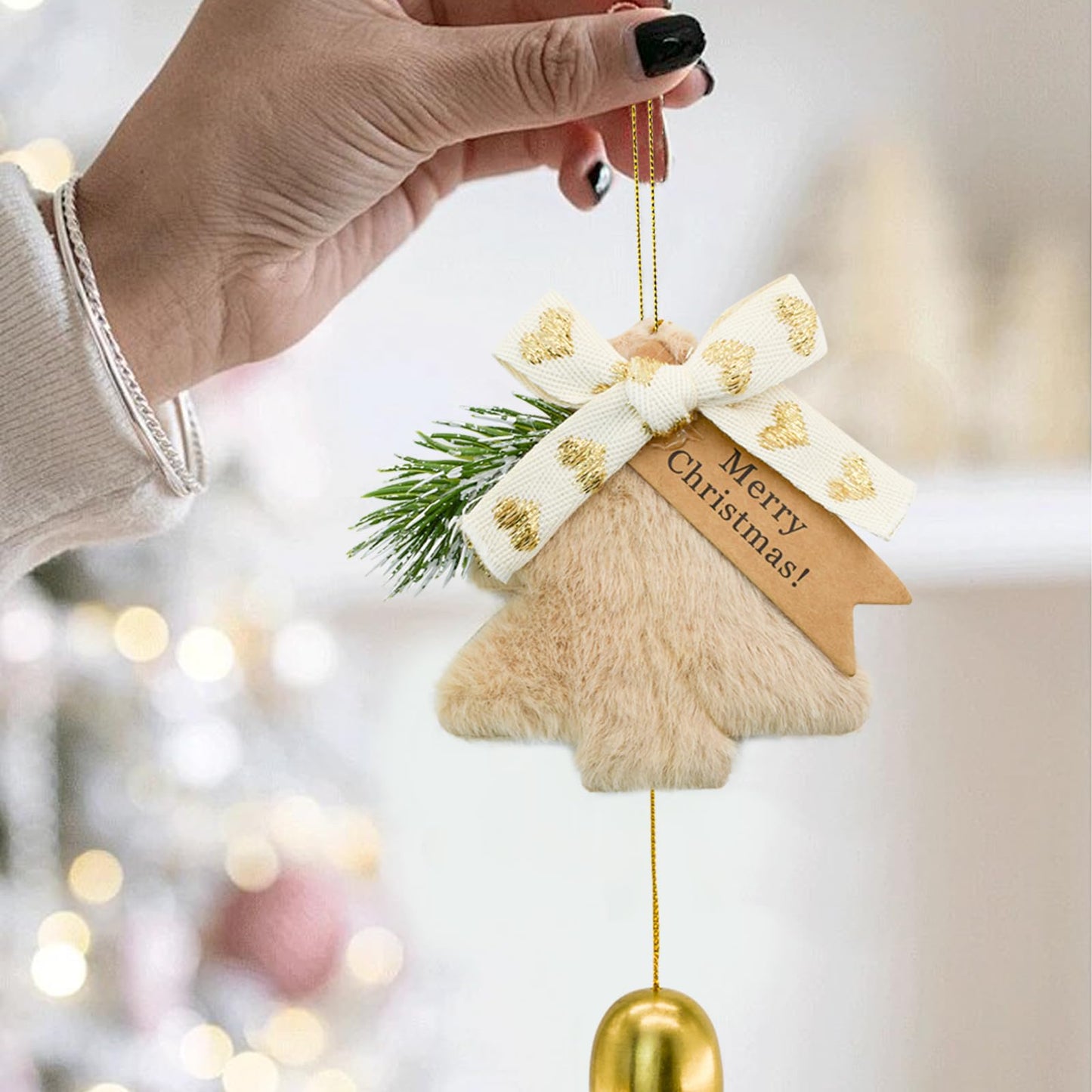 MrMrKura Gold Jingle Bells Christmas Tree Decorations Indoor Outdoor, Plush Pendant Hanging Christmas Ornaments Set of 9, Gifts for Home Decor Holiday Party (9)