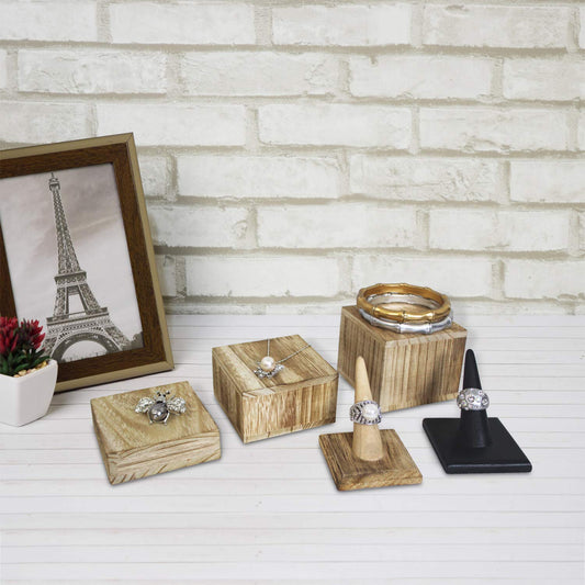 MOOCA 3-Piece Wooden Square Risers for Display Jewelry and Accessories Stand, Wood Display Stand, Oak Color