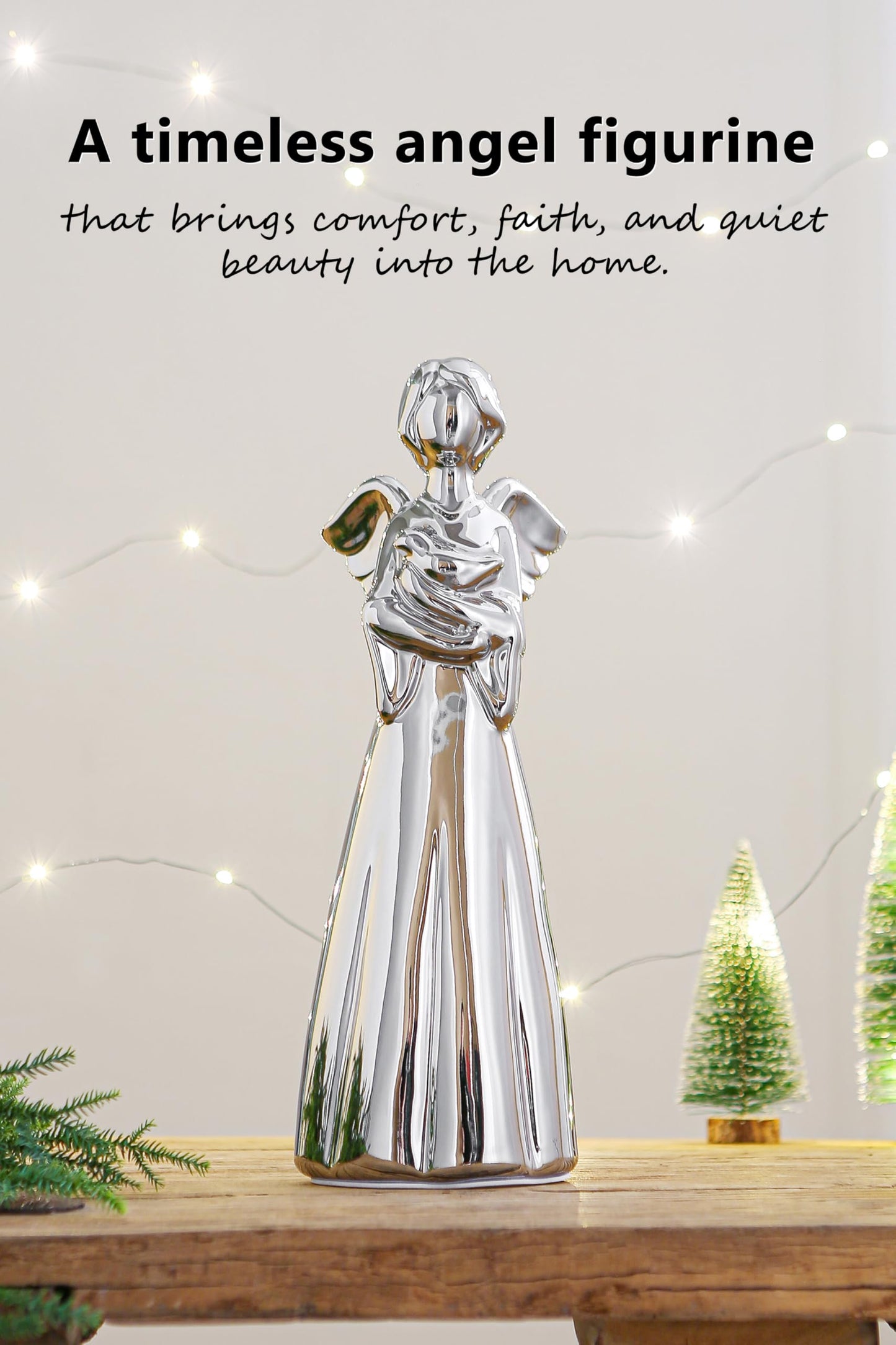 SURE YUESI for Mom from Daughter Son Kids- Statue Sculptures 13.8 Inch Ceramic Angel Figurine, Home Decor for Bedroom, Bathroom, Entryway, Bookshelf, Fireplace, TV Stand, Console Table- Silver
