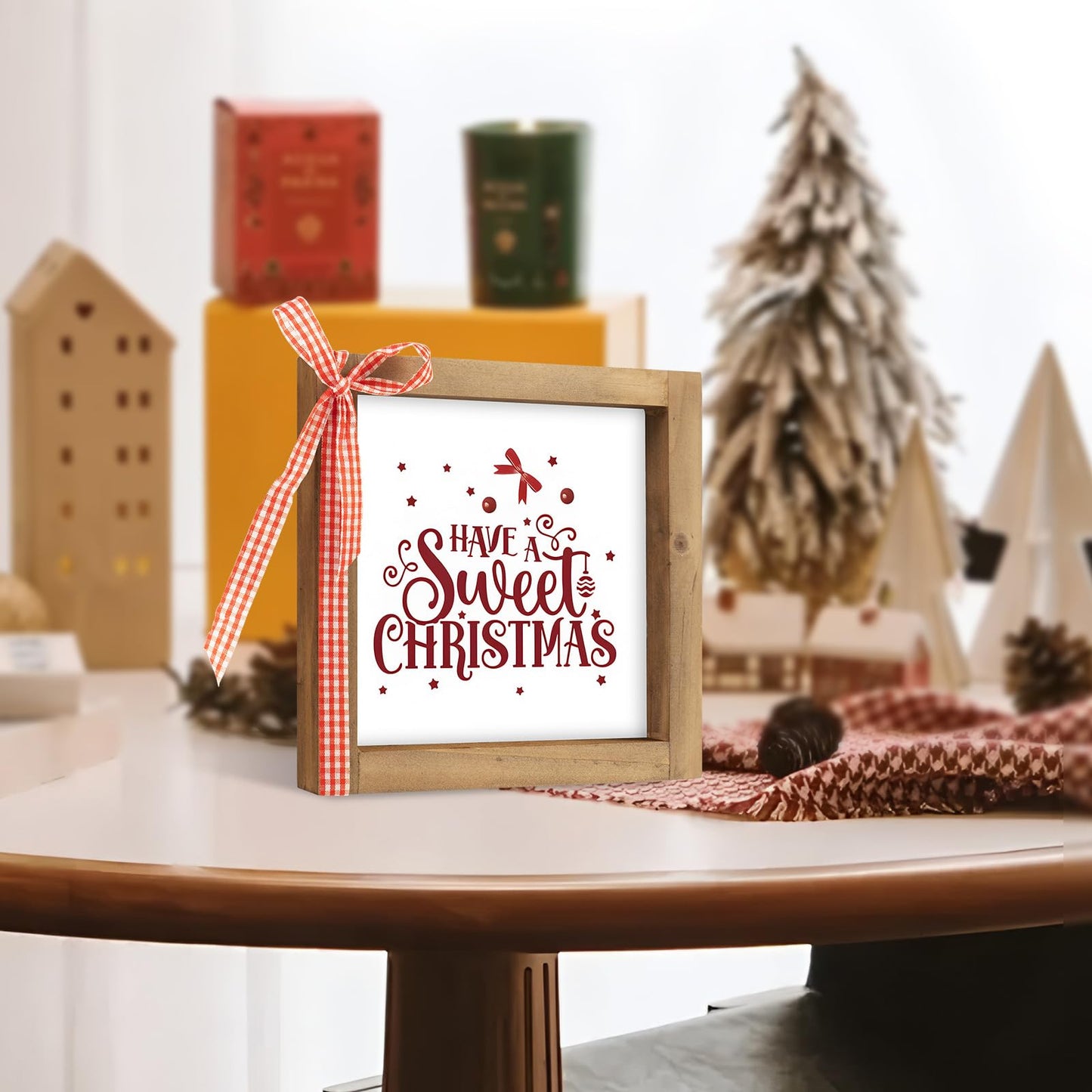 pechpell Christmas Wooden Sign, 6 Inch Xmas Decorative Signage Plaque Decor, Holiday Indoor Table Shelf Desk Mantel Tiered Tray Wall Art Kitchen Coffee Bar Rustic Farmhouse Decorations for Home Office