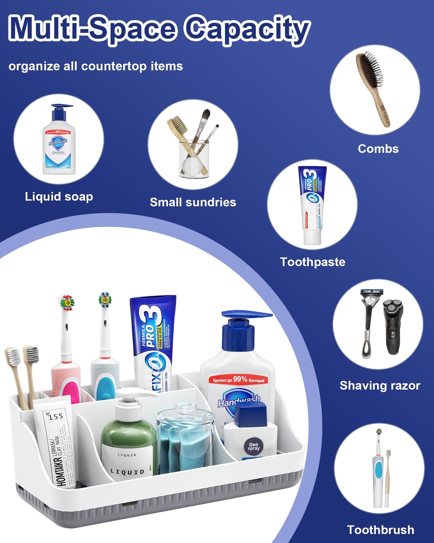 Bathroom Counter Organizer and Storage, 7 Slots Detachable Toothbrush Holders for Bathrooms, Anti-Slip Electric Toothbrush and Toothpaste Holder Countertop Vanity Organizer Accessories for Adults Kids