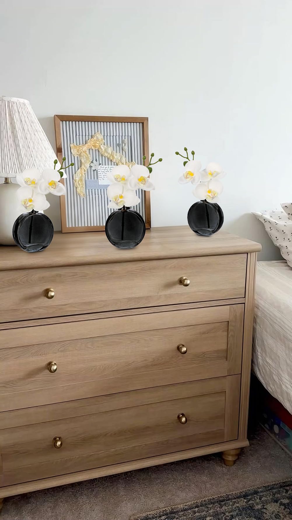 Oairse White Orchids Artificial Flowers Faux Orchids Arrangement in Black Glass Vases Set of 3 Real Touch Phalaenopsis Orchid Flowers Small Fake Orchid Centerpiece for Dining Room Table