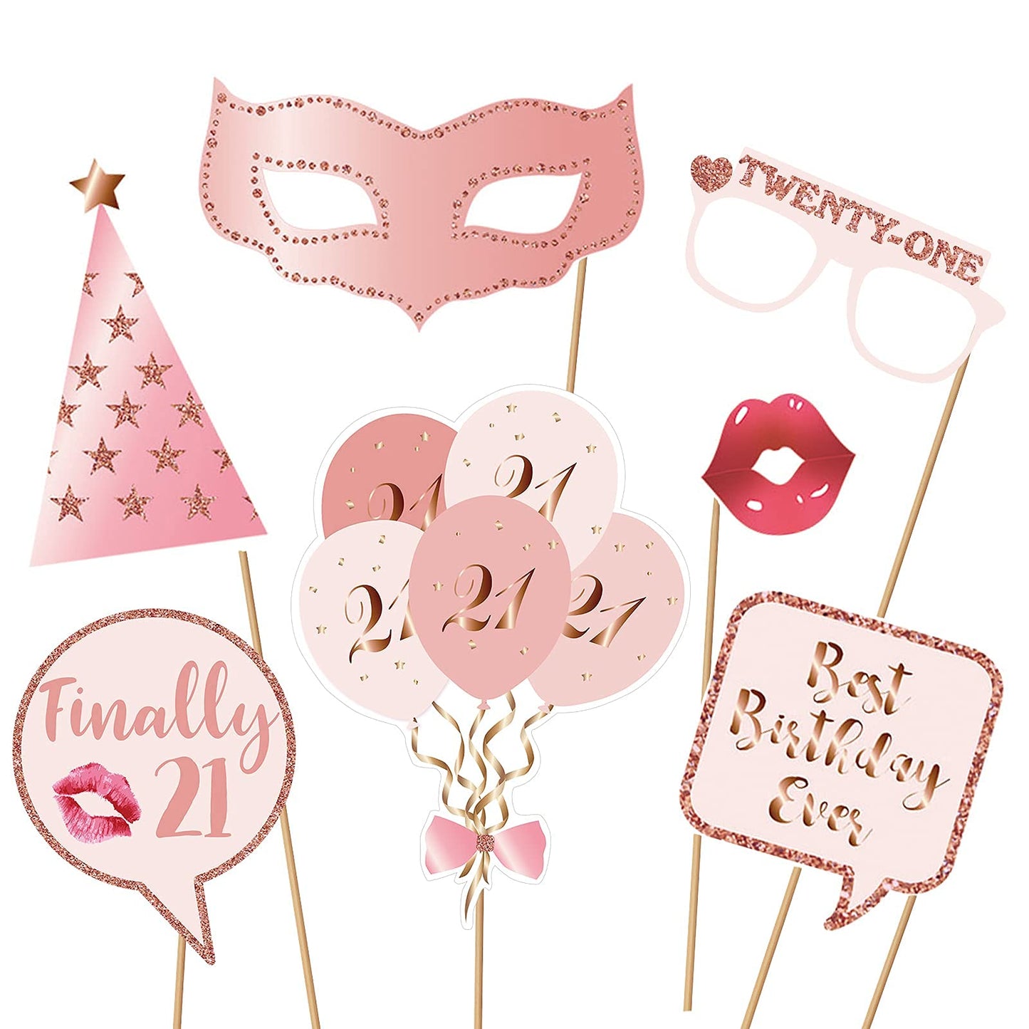 Rose Gold 21st Birthday Party Photo Booth Props Kit with Sticks for Girls Women - Selfie Props, Signs, Decorations & Favors