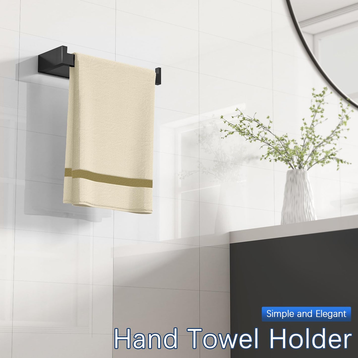 Gypie Hand Towel Holder for Bathroom Wall 2 Pack -Modern Towel Ring Square Hidden Mount with Dual Screws, Anti-Slip End, Stainless Steel, Matte Black