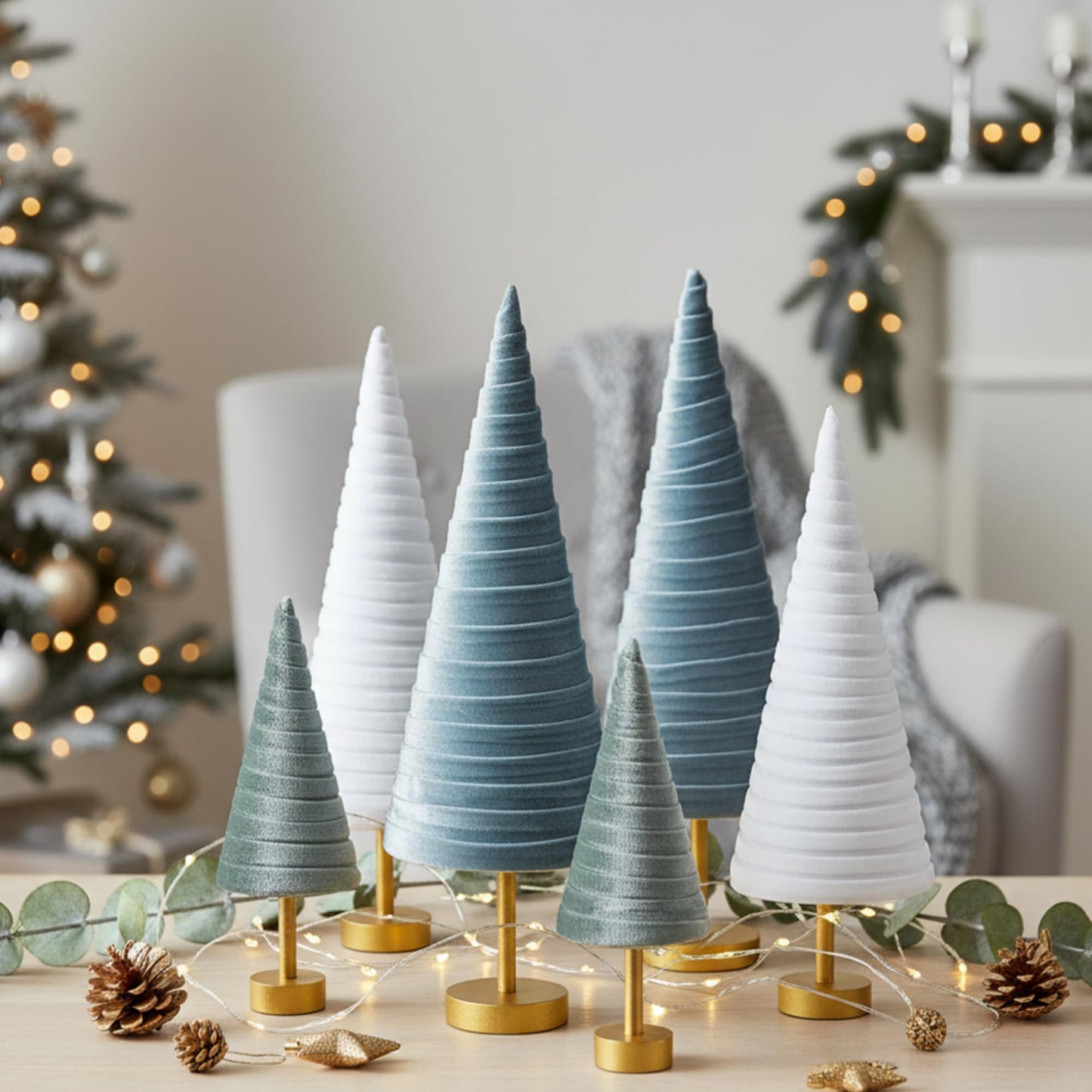 Hoolerry 6 Pcs Christmas Velvet Trees with Gold Pedestal Christmas Velvet Cones Tree Mantel Decor Modern Rustic Winter Home Minimalist for Holiday Entryway Table Wedding Centerpiece(Morandi)