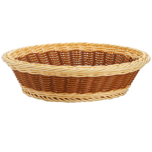 Yarlung 3 Pack Woven Bread Baskets, Plastic Wicker Fruit Baskets 11.5 Inch Round Imitation Rattan Basket, Stackable Food Serving Holder for Kitchen, Restaurant, Outdoor, Brown & Beige