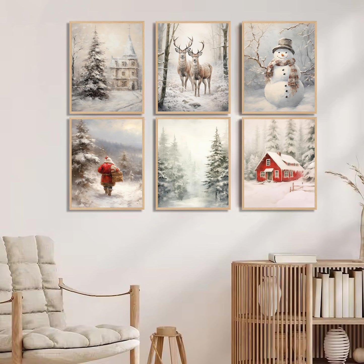 QBZWART Christmas Wall Art Set,6 Pieces 8x10 Inch Canvas Prints,Winter Holiday Theme with Tree,Snowman,Santa,Reindeer for Living Room,Farmhouse Decor,Unframed