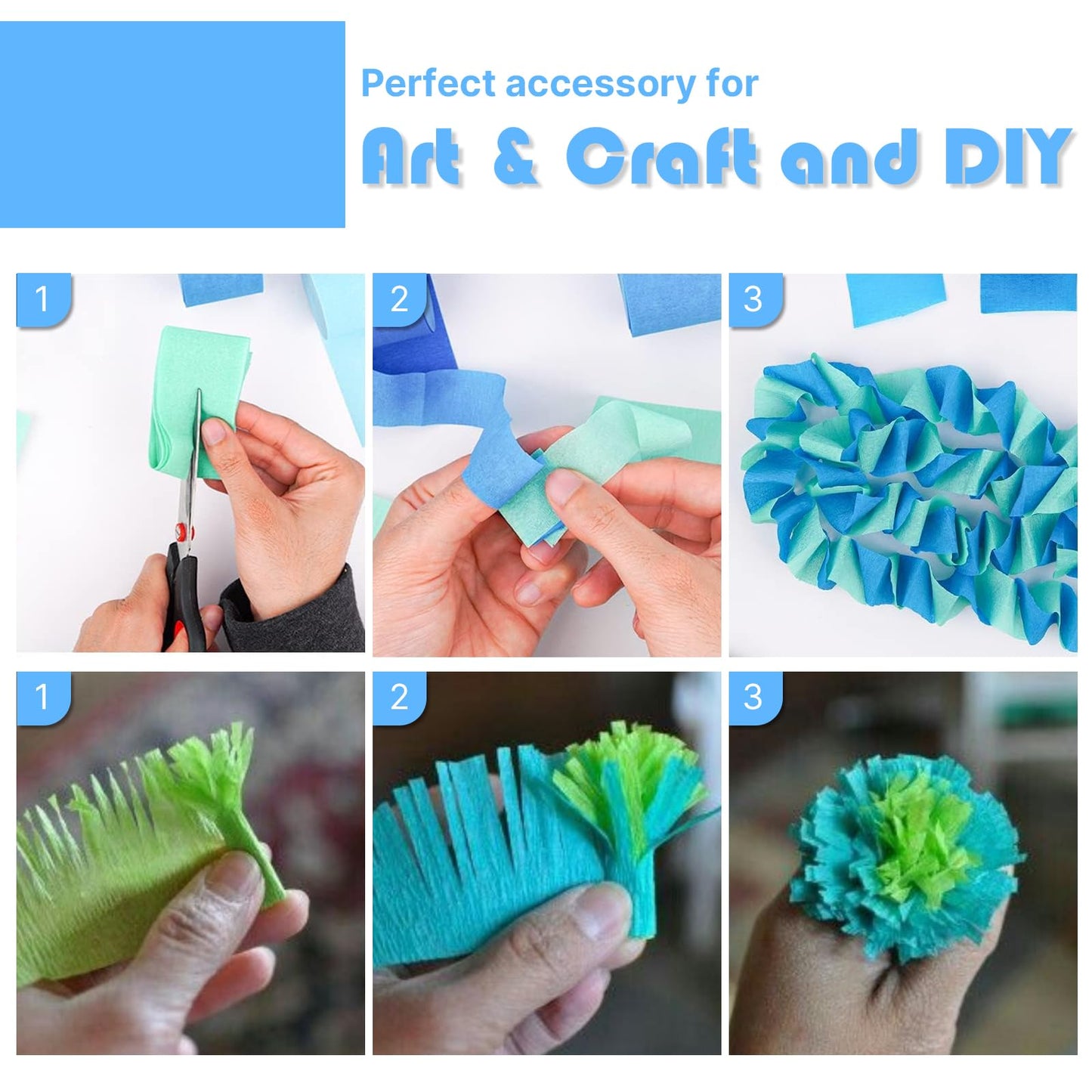 PartyWoo Blue Crepe Paper Streamers 4pcs 328ft Pack of Light Sky Blue Crepe Paper Streamers for Birthday Gender Reveal Baby Shower Graduation Pool Mermaid Under The Sea Theme Party Decorations