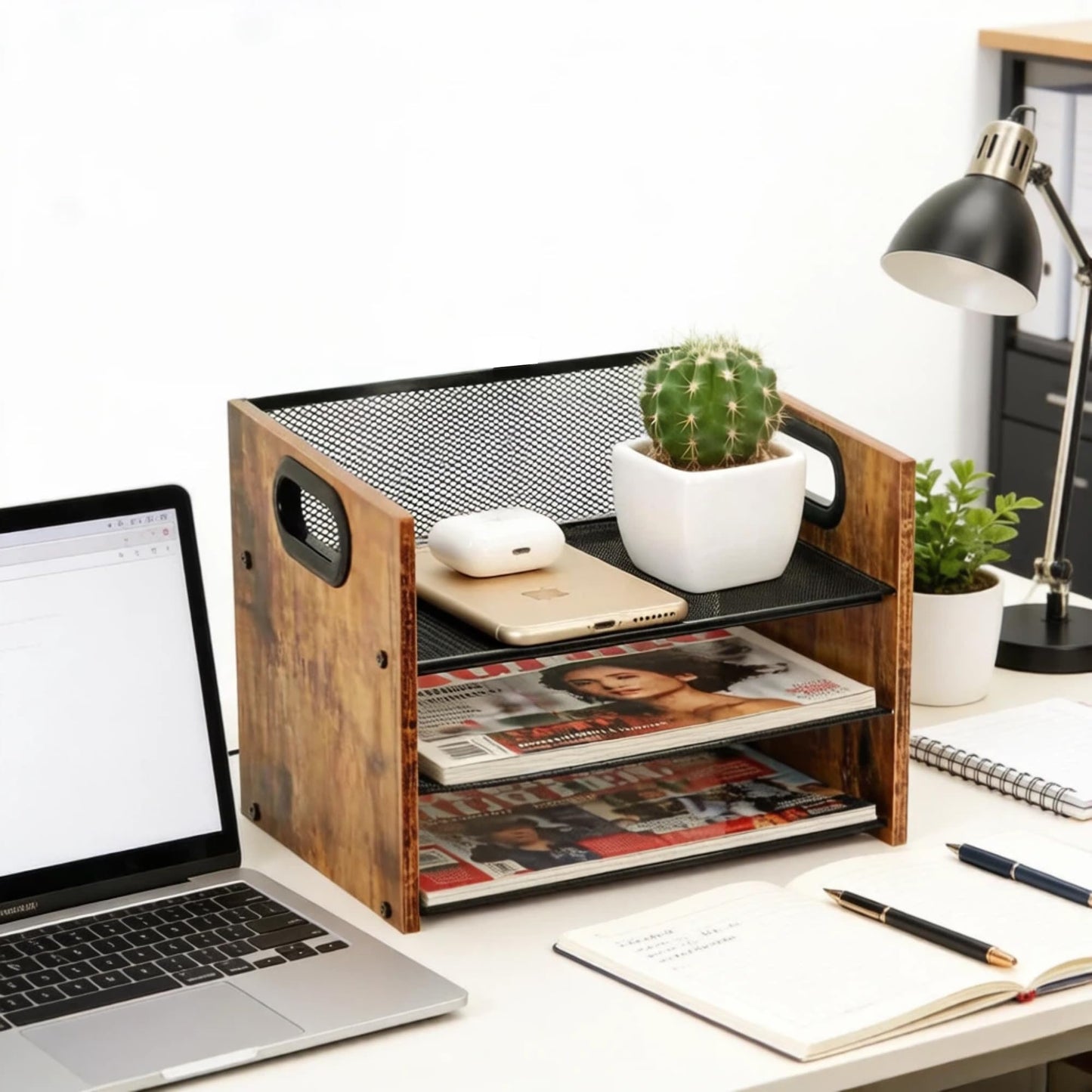Boershun Desk Organizer - 3 Tier Wood & Metal Mesh Desktop Organizer for Office, Home, School, Workspace, Office Desk Organzier for Papers, Mail, Notebooks, Stationery