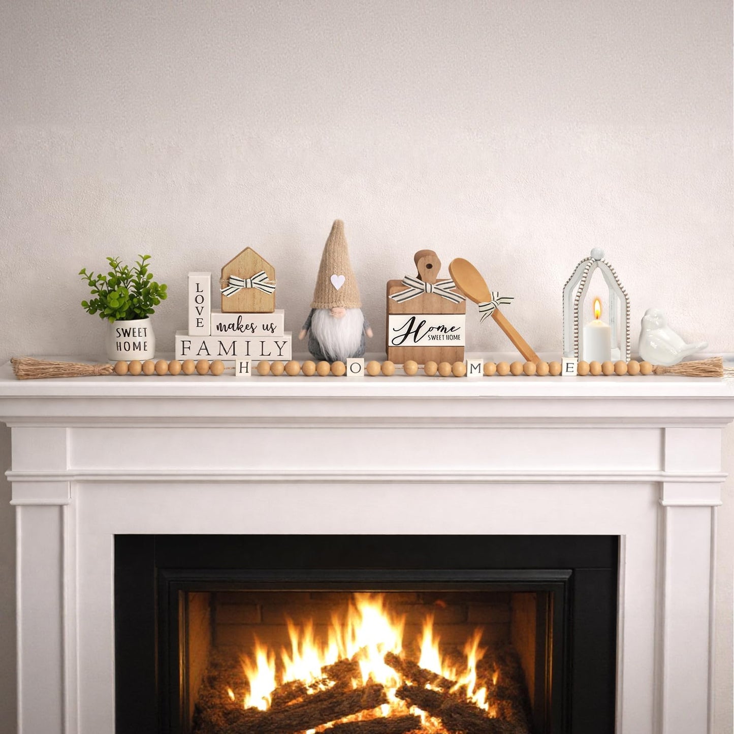 Farmhouse Tiered Tray Decor Set, 8 PCS Rustic Sweet Home Tabletop Decorations with Wooden Signs Lantern Plant Gnome Bead Garland & Bird Accent, Cozy Country Decorations for Home Table Kitchen Island