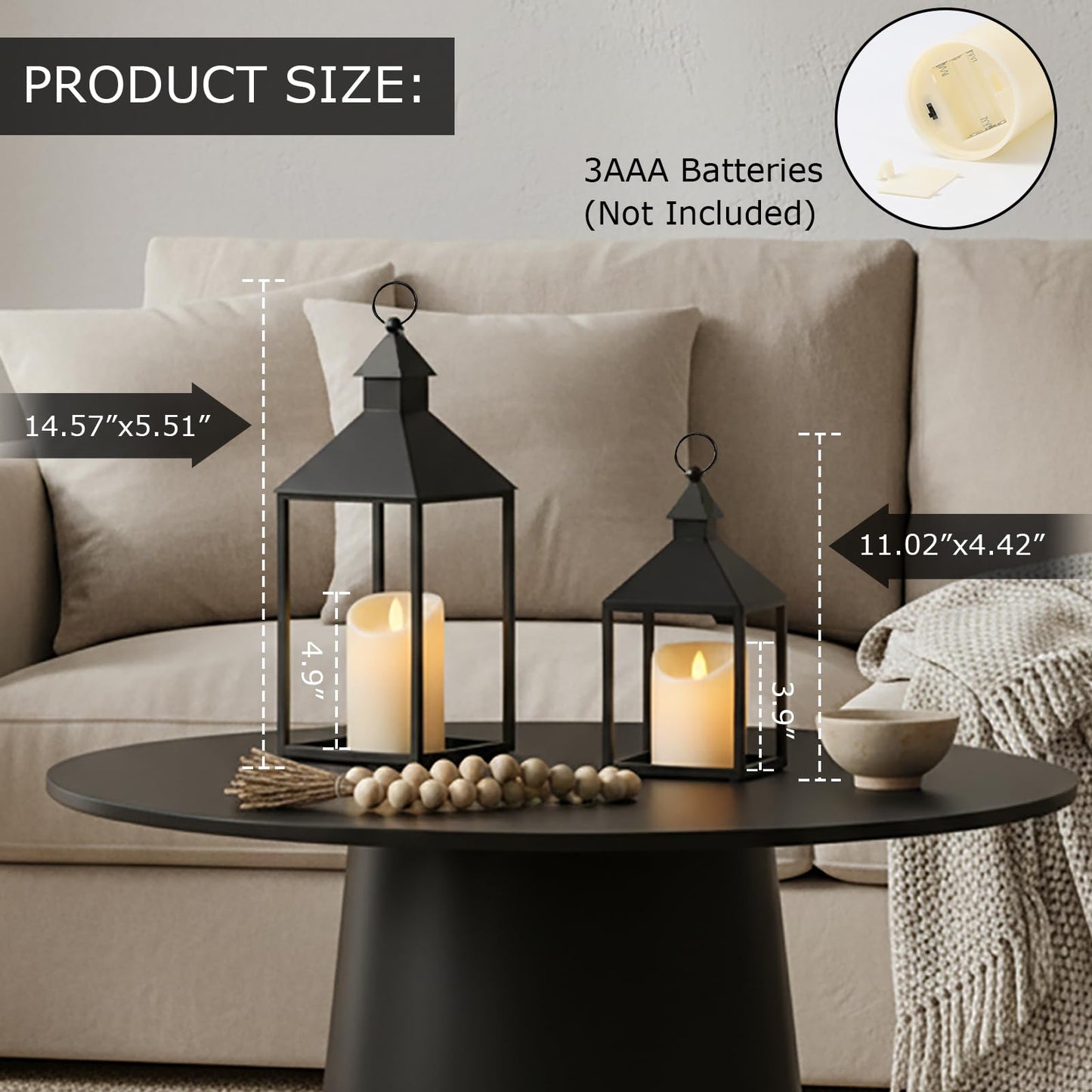 Sunnyfuture Lantern Decorative Outdoor/Indoor Set of 2 (15" & 11") Black Metal Candle Lanterns with Flameless, Farmhouse Decoration for Home, Porch, Garden, Mantle, Wedding