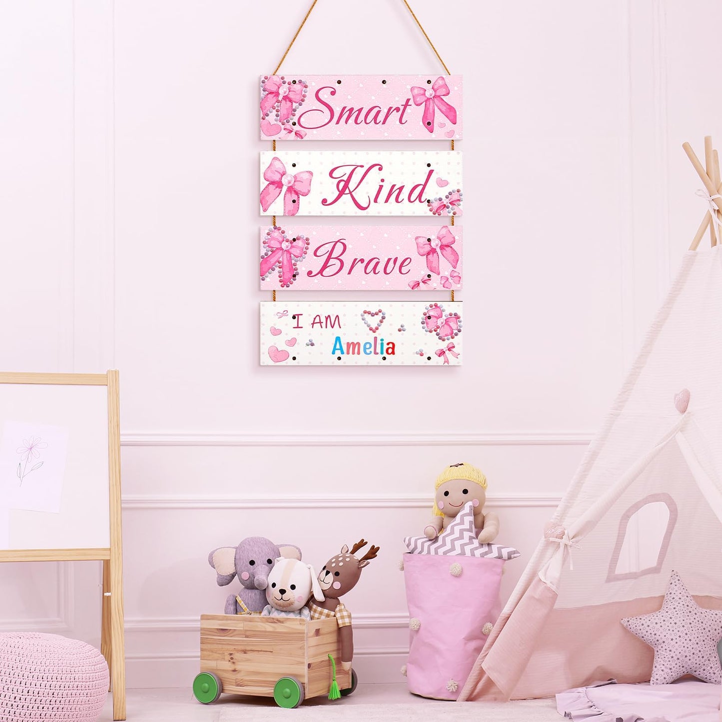 Unicorn Castle Girls Room Decor with LED Light Inspirational Motivational Room Decor for Teen Boys Wall Decor Art with Sticker for Nursery, Pink Bow