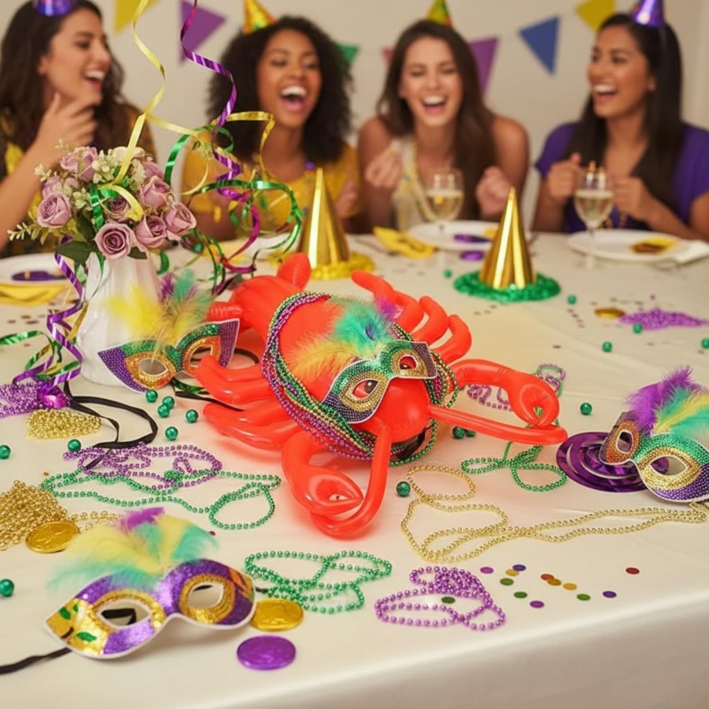 LaRandom 16 Pcs Mardi Gras Inflatable Lobster Decor 23.6 in with Mask and Purple Green Gold Beads Necklace for Mardi Gras Inflatable Decorations Yard Table Centerpieces Outdoor Decor