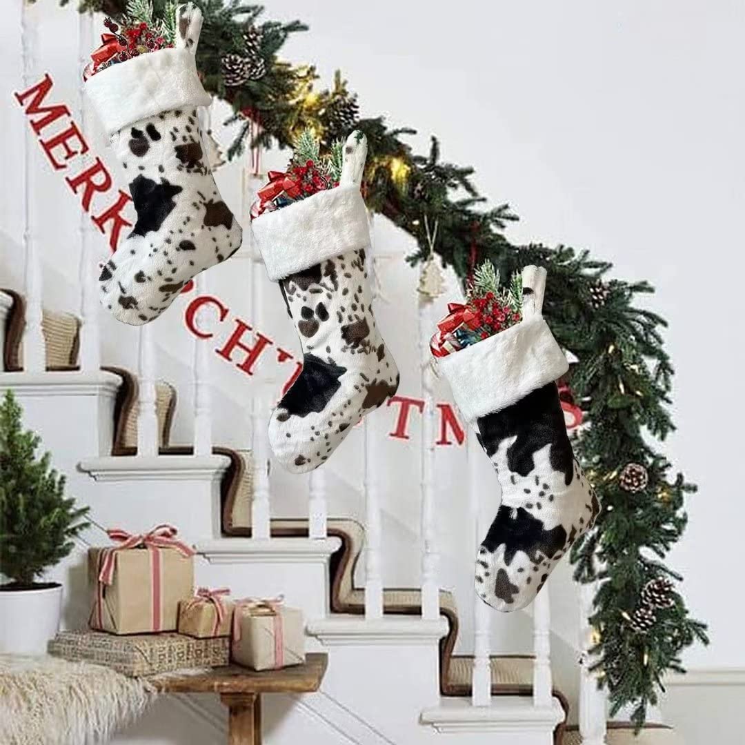 OLLULL Christmas Stockings, Cow Faux Fur Large Xmas Stockings Hanging Ornaments 2 Pack 20 Inch