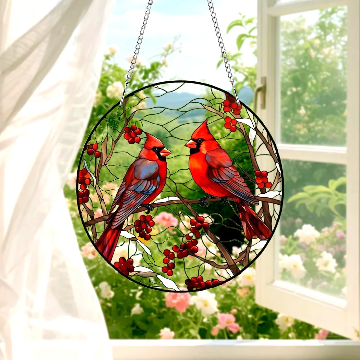 Qihangfu 8" Cardinal Window Decorations– Acrylic Hanging Ornament for Door & Window, Decorative Accent for Yard & Courtyard, Holiday & Everyday Gift