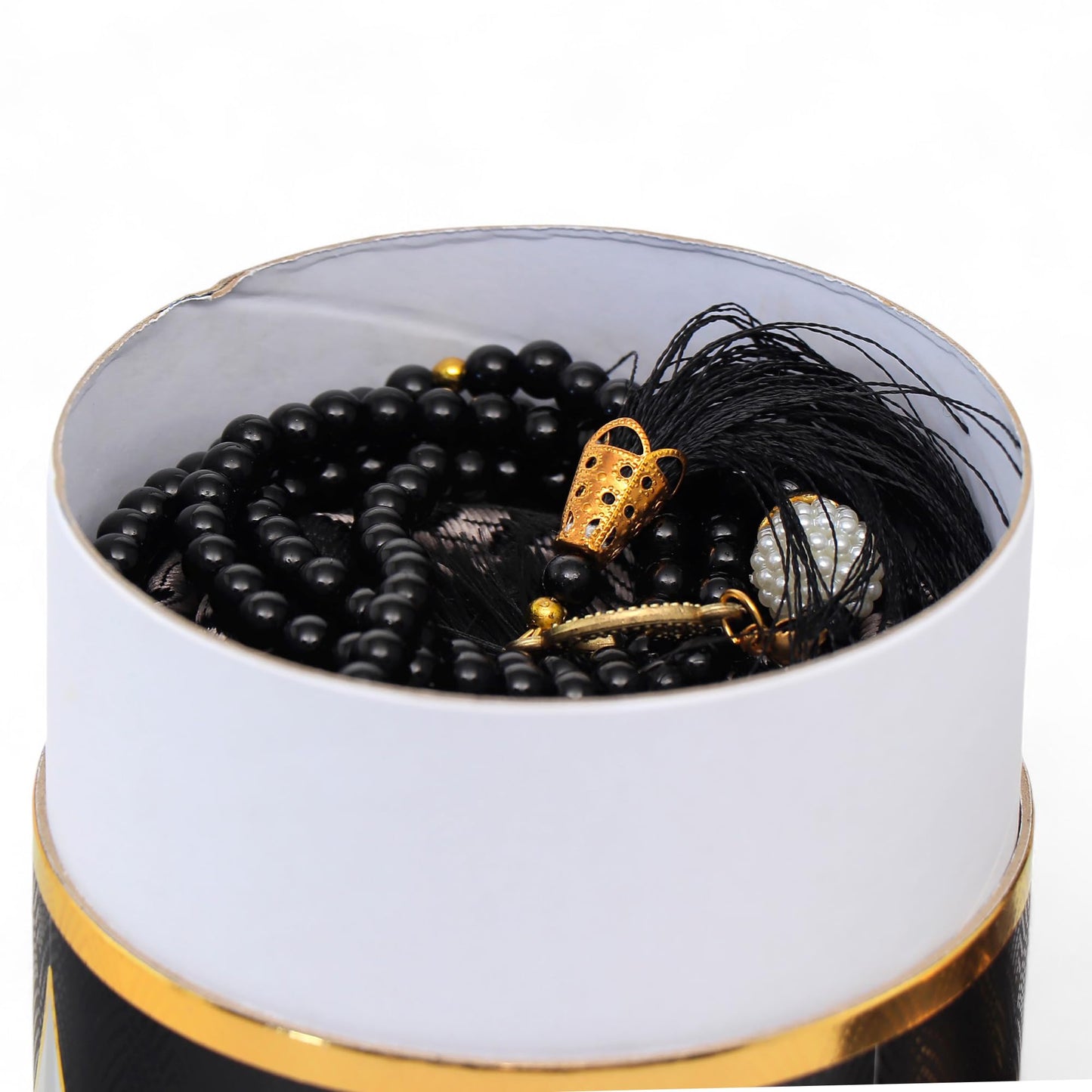 FURKAN Muslim Prayer Rug & Beads Set with Stylish Cylinder Gift Box Janamaz Sajadah Prayer Mat Perfect Islamic Spiritual Gift for Ramadan Islamic, Cylinder Gift Box - Model 2 - Black
