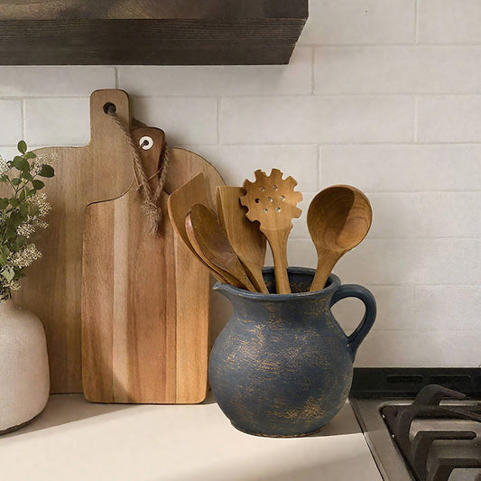 MIYUKI Rustic Kitchen Utensil Holder - 7.6 Inch Ceramic Utensil Crock for Countertop, Vintage Kitchen Counter Decor