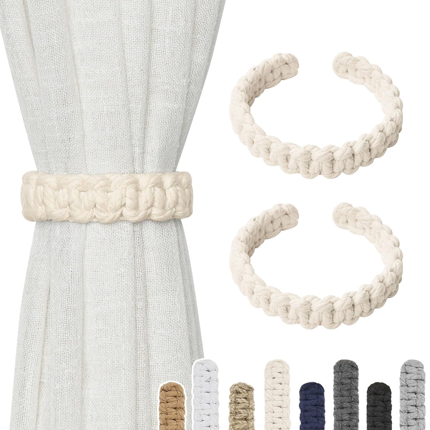 NICEEC 2 Pack Natural Cotton Rope Curtain Tiebacks Farmhouse Rustic Style Decorative Drape Tie Backs Handmade Braided Curtain Holdbacks for Home & Office Sheer/Light Weight Drapery (C-Beige-S)