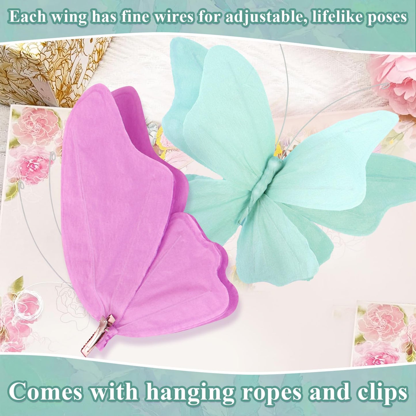 OBBOLO 3D Hanging Butterfly Decorations, Butterfly Birthday Party Decorations, 4 Pcs Crepe Paper Butterfly Hanging Decorations for Girls, Women, Flower Garden Party Decorations
