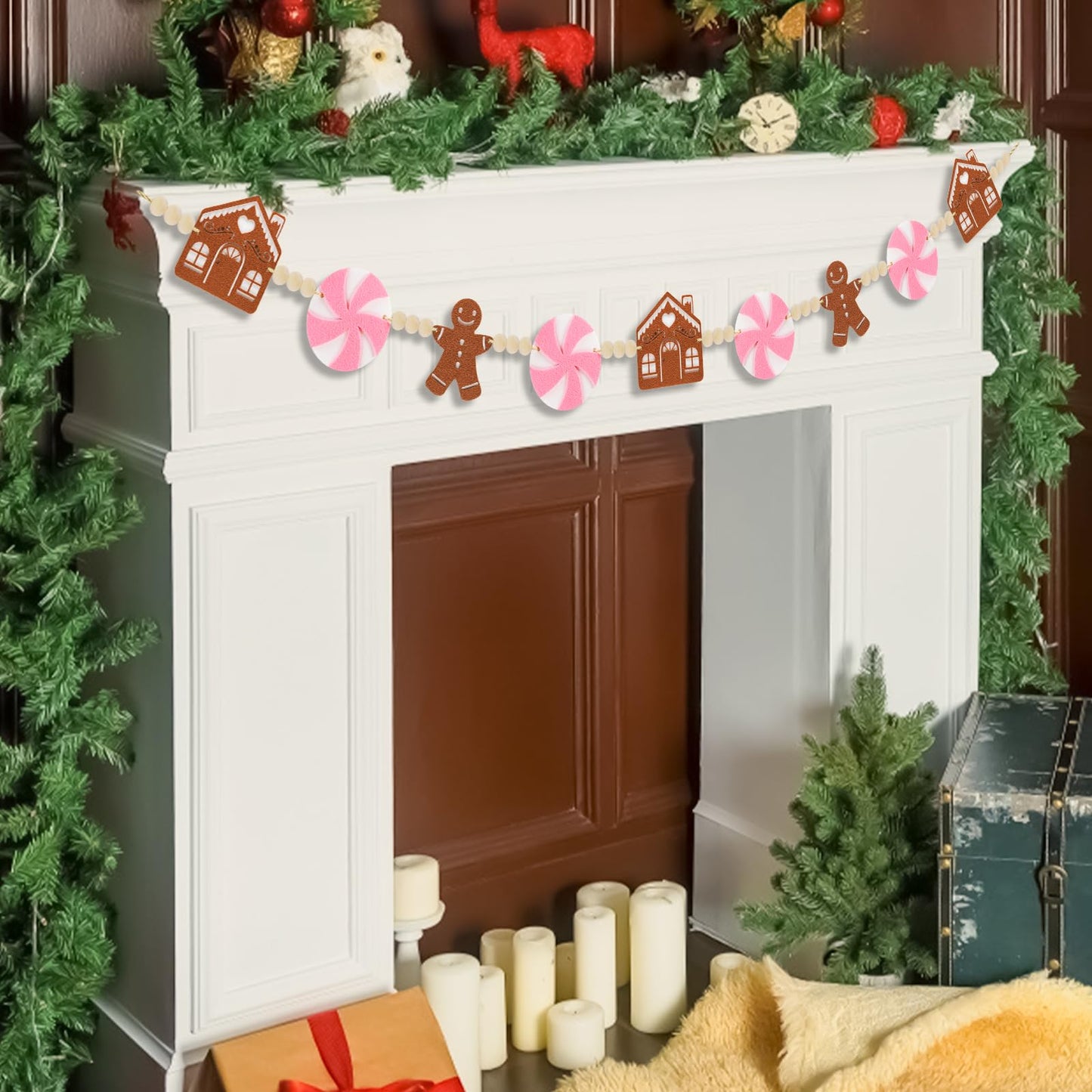 KnomeKo 6Ft Pink Christmas Garland - Pink Candyland Christmas Ornaments Felt Gingerbread House with Wood Beads - Christmas Gingerbread Decor for Mantle, Wall, Tree, Indoor