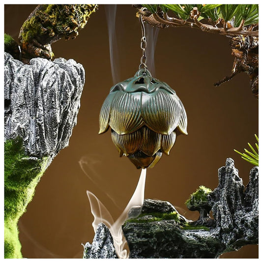 Primst Lotus Furnace Hollow Hanging Ball Incense Burner, Ceramic Backflow Incense Cones and Incense Coil Holder for Home Office Ornament Decoration