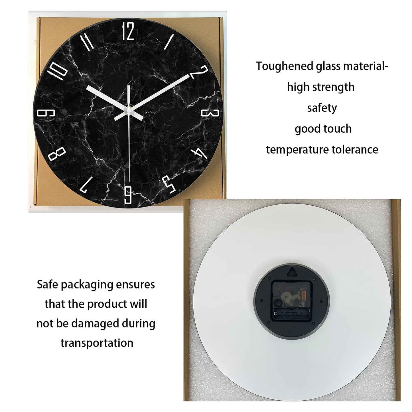 Black Minimalist Wall Clocks for Living Room Glass Marble Pattern Wall Clocks Battery Operated 12 Inch Abstract Wall Clock Non Ticking