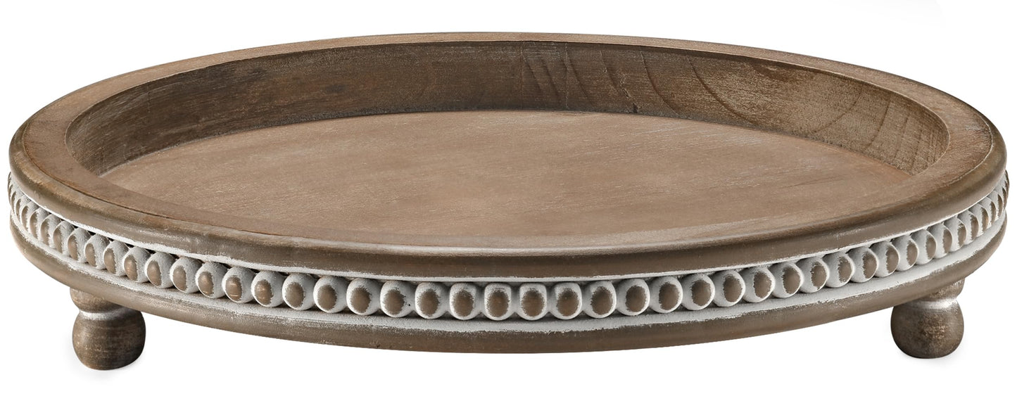 Handmade 12 Inch Decorative Tray, Small Beaded Tray Coffee Table Decor, Warm Brown Round Wooden Tray for Coffee Table, Dining Room Table Entryway and Living Room Table