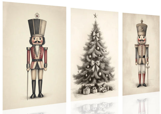Vintage Christmas Tree and Nutcracker Canvas Wall Art Pictures Set of 3 Rustic Holiday Farmhouse Christmas Decorations Neutral Winter Prints Poster Decor for Living Room 8x12inch Unframed