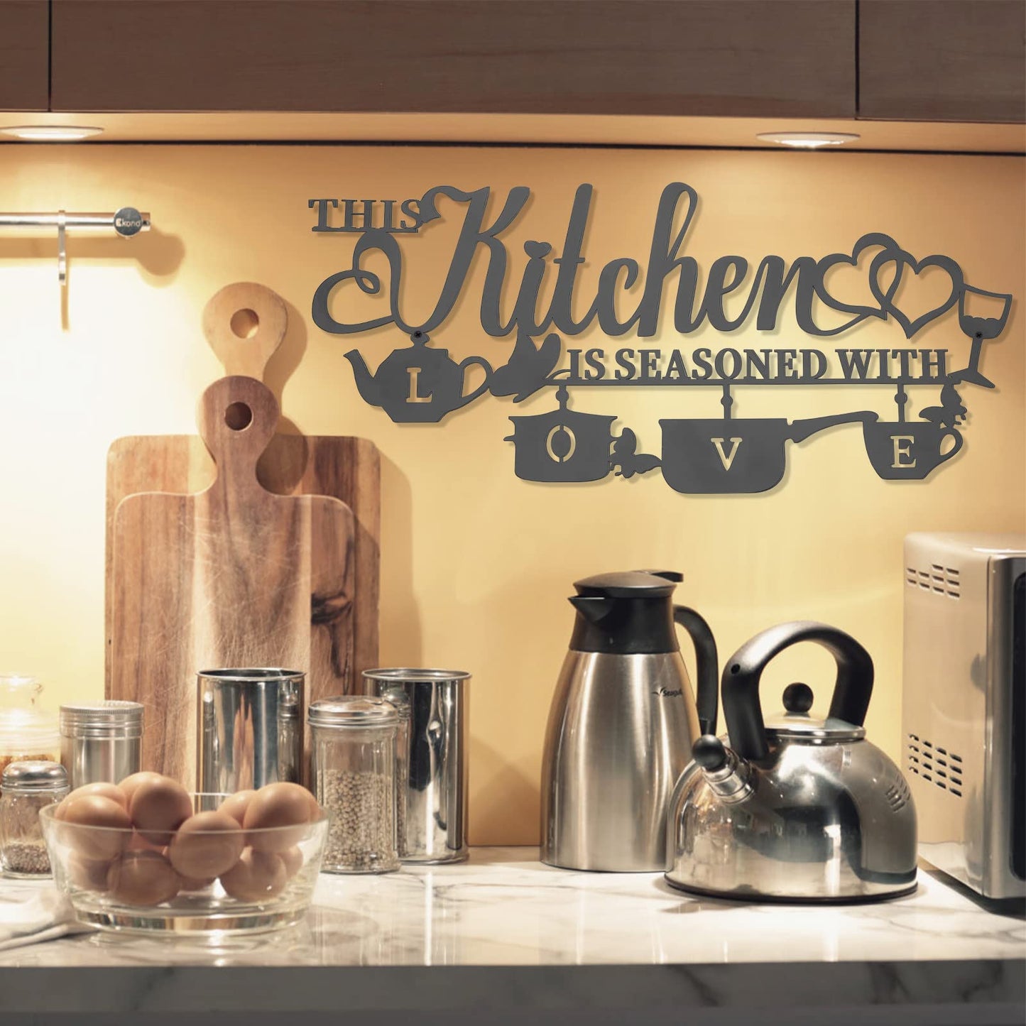 KHayRovies Metal Kitchen Wall Decor, This Kitchen is Seasoned with Love Black Word Name Sign Hanging Wall Art Decor, Rustic Iron Letters Quotes for Kitchen Farmhouse Dining Room Home Decor (A)