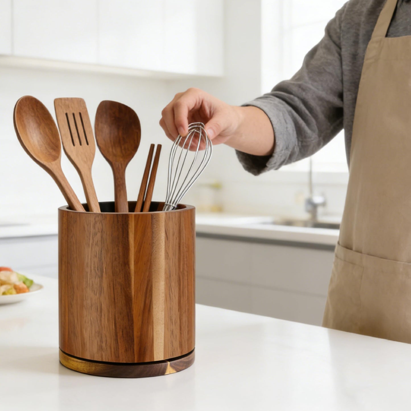 Cyrabota Acacia Wood Utensil Holder 360°Rotating Anti-Tip Design for Kitchen Counter,Cooking Utensil Crock for Countertop , Large Utensil Organizer for Spatula
