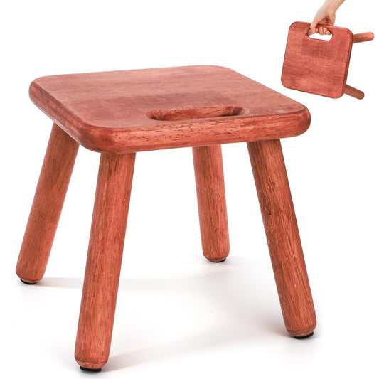 Mezchi 9'' Small Wooden Step Stool with Handle, Non-Slip One Step Stool, Square Portable Footstool, Solid Wood Sitting Stool for Plant, Adult, Kids, Bathroom, Bedroom, Walnut Color