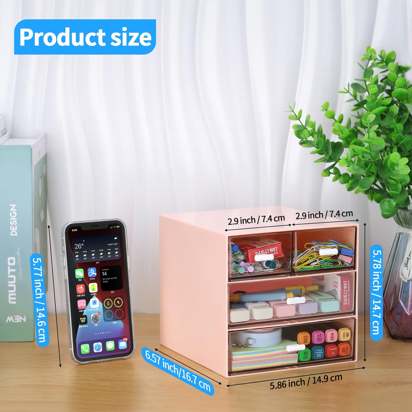 LETURE Desk Organizer with 4 Drawers, Clear Plastic Desk Storage Box, Desktop Organization for Office Supplies, Gel Pens, Pencils, Markers, Tape, Erasers, Paperclips, Chargers (Pink w 4Draws)