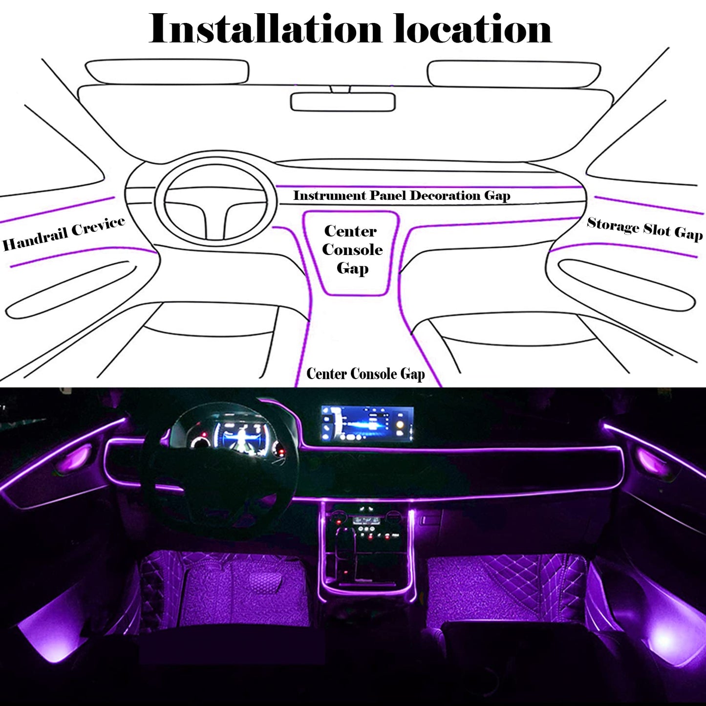 DEHERANE Interior Car LED Strip Lights, RGB 6 in 1 Ambient Lighting Kits with 315 inches Fiber Optic, 16 Million Colors Car Interior Lights with Wireless APP and Remote Control, Sync to Music